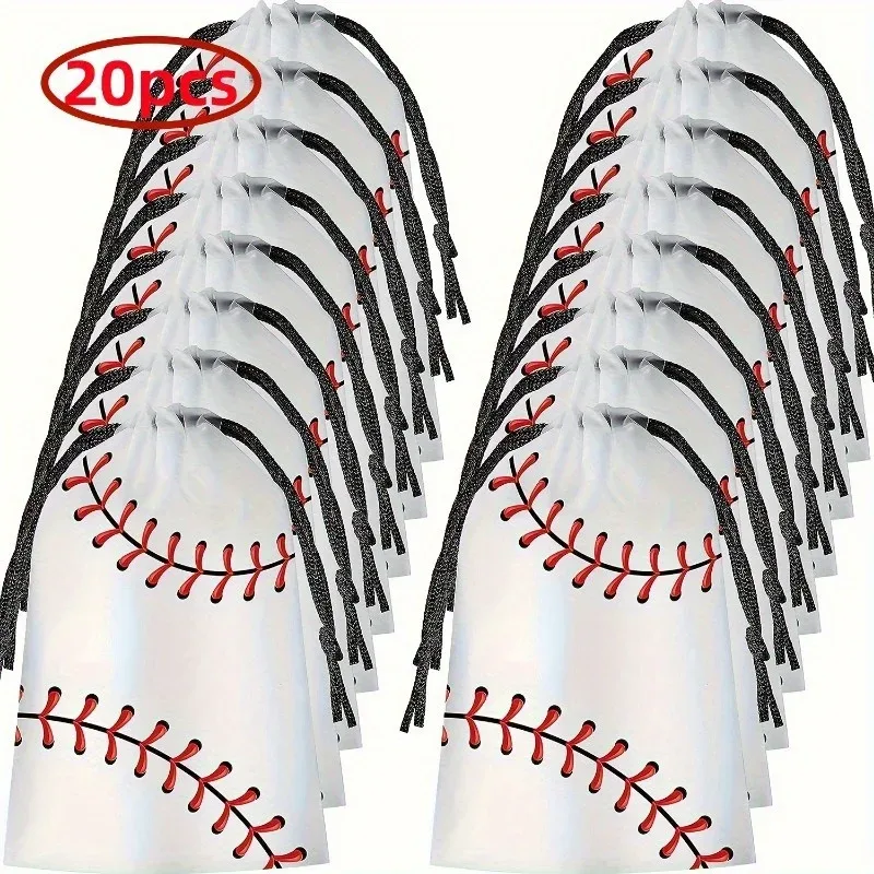 20 pièces, sac de fête de baseball à cordon, sac de rangement en lot, sac de rangement pour cosmétiques, fournitures de fête sur le thème du baseball pour l'anniversaire des garçons