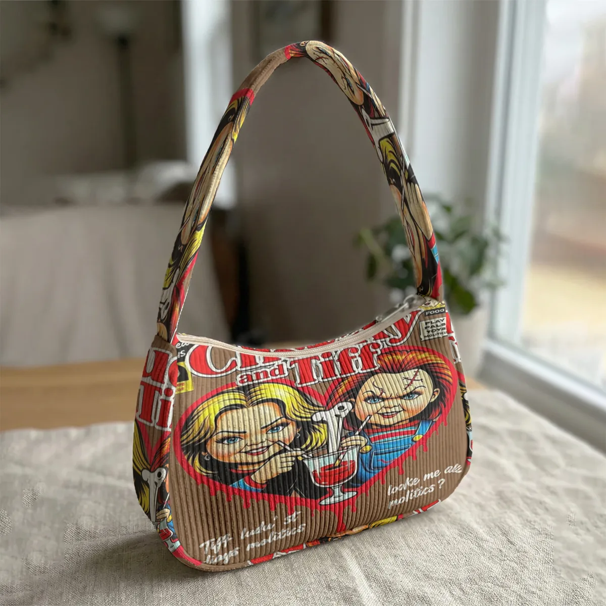 sac à bandoulière tendance imprimé chucky & tiffany, sac sous le bras en velours côtelé pour un usage quotidien décontracté