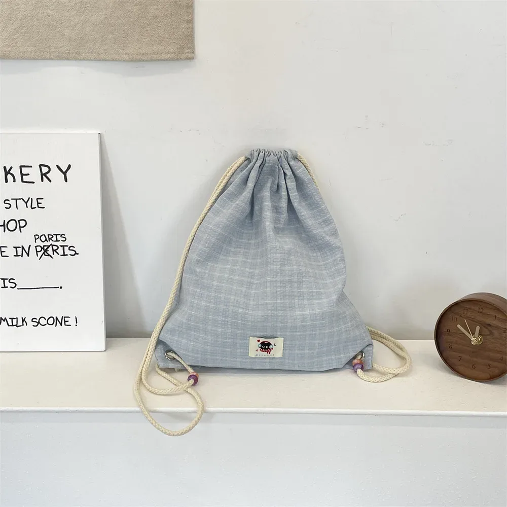 sac à dos d'été pour femmes, sac à dos à deux épaules avec cordon de serrage, sac à dos kawaii pour adolescentes, sac à dos coréen en toile ultra légère à carreaux