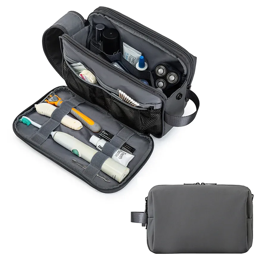 trousse polyester noire organisée voyage cosmétique rasoir maquillage humidifiant sècheporte ordonnancement bouteille pliante extensible