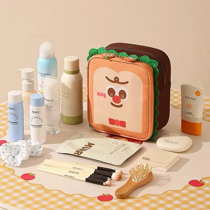 trousse de toilette de voyage portable en tissu oxford imperméable motif tour de toast mignon pour maquillage et voyages d'affaires