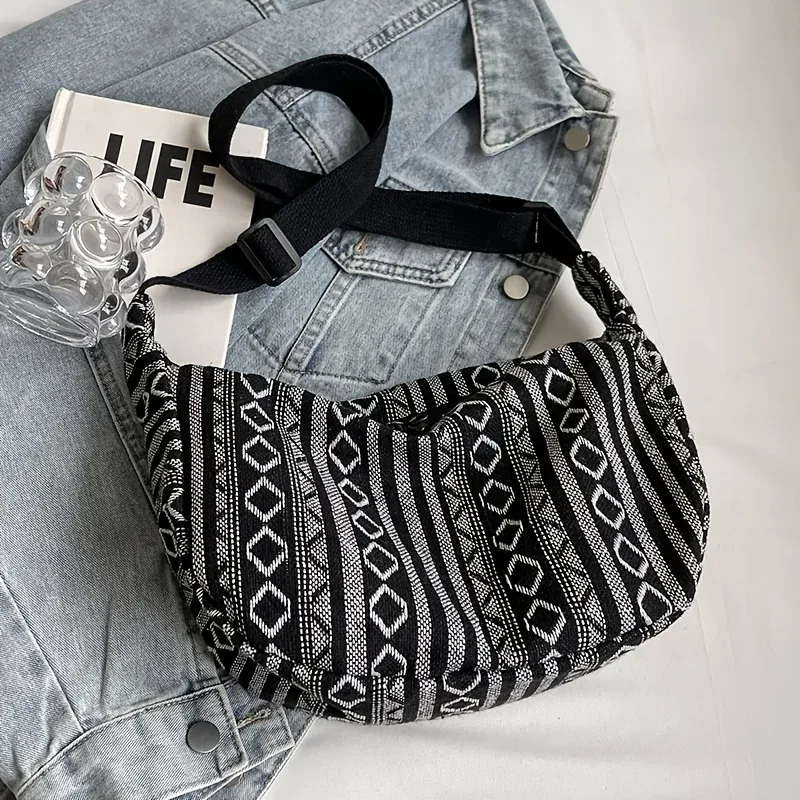 sac à bandoulière de style tribal, bandoulière pliable avec fermeture à glissière, motif rayé, thème drapeau, bord lavable à la main, doublure peinte