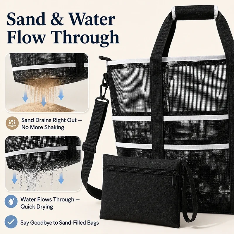 sac de plage en maille portable grande capacité, sac fourre-tout à bandoulière pour vacances d'été, natation et voyage