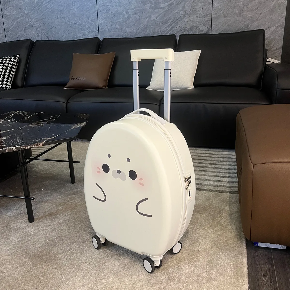 valise abs polymère dur motif mignon ovale yeux bouche joues roses poignée blanche roulettes noires bleu marron enfant voyage spinner cabine