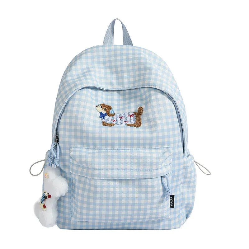sac à dos grande capacité pour femme, style universitaire, motif chien saucisse de dessin animé coréen, sac à livres polyvalent à carreaux, loisirs et voyage
