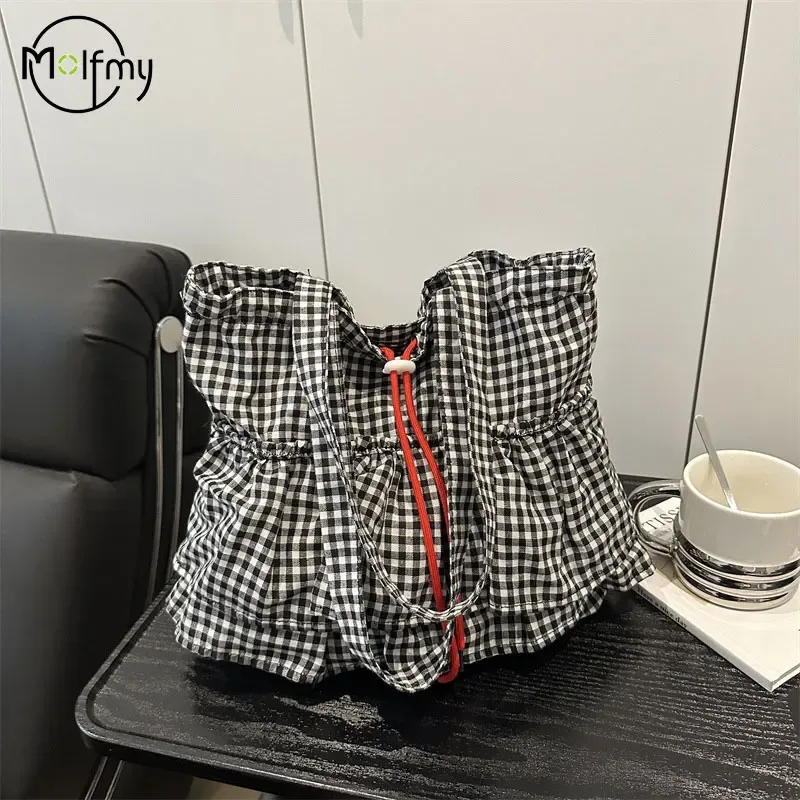 Sac fourre-tout à volants pour femmes, sac à main à cordon de serrage, sacs à bandoulière en toile à la mode 	 Sacs coréens De grande capacité Bolsos De Mujer