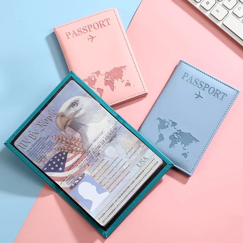 housse de passeport en cuir pu pour hommes et femmes - organisateur - porte-cartes de protection - housses de documents d'identité - étui de passeport de voyage avec carte du monde