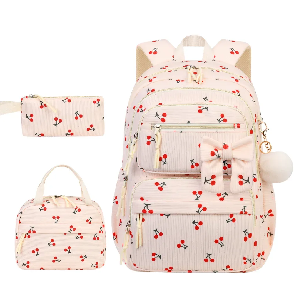 sac dos nylon dessin animé violet cerises rouges sac lunch boîte crayons poignees pompons compartiment isolant visibilite sécurité enfants