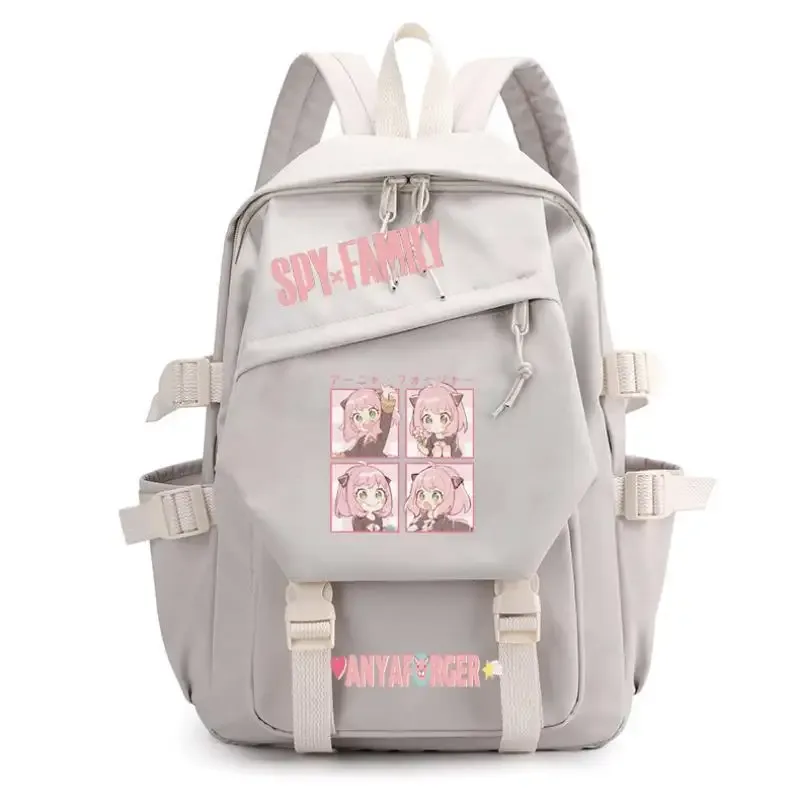 sac dos toile gris accents roses motif dessin animé personnage joyeux poche principale poche latérales fermeture éclair maille résine voyage décontracté