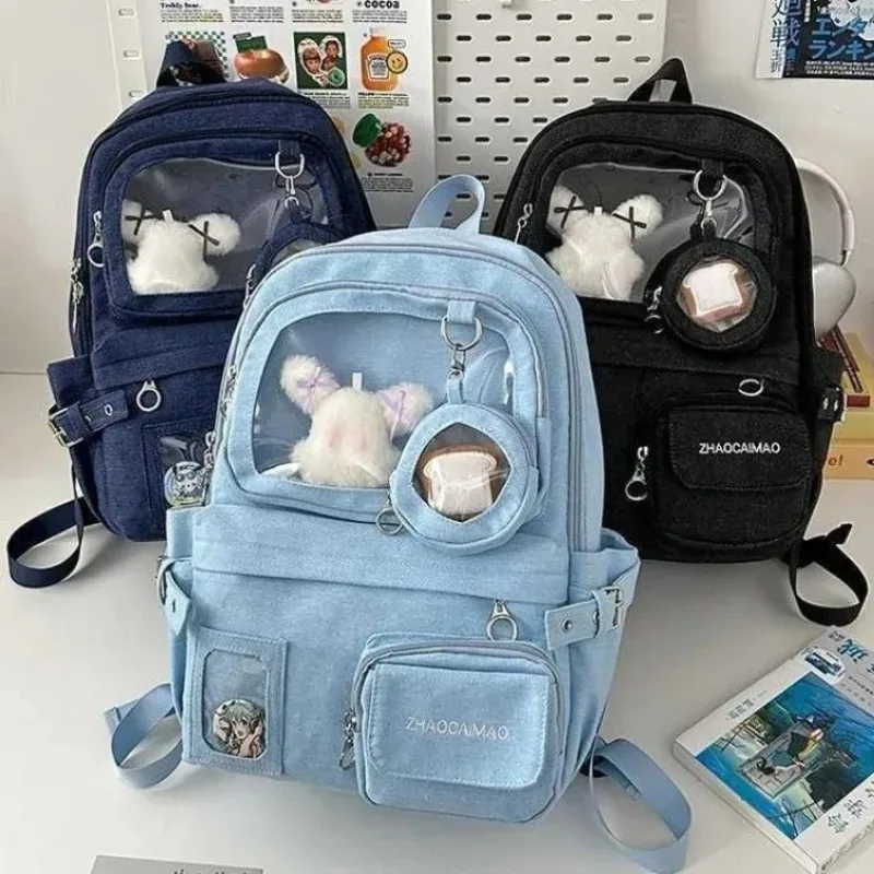 Sac Dos Jean Polyester Noir Bleu Beige Forme Rectangulaire Poches Latérales Transparentes Visibilité Intérieure Informatique Ceinture Air Décontracté Usage Quotidien
