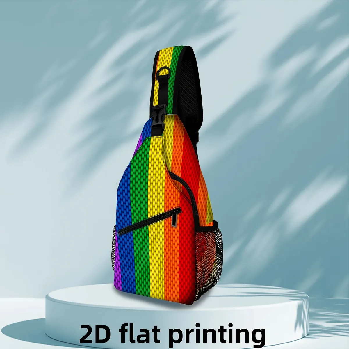sac à bandoulière imprimé rayures arc-en-ciel, sac à bandoulière plat 2d, sac à dos léger en nylon pour les voyages et le quotidien
