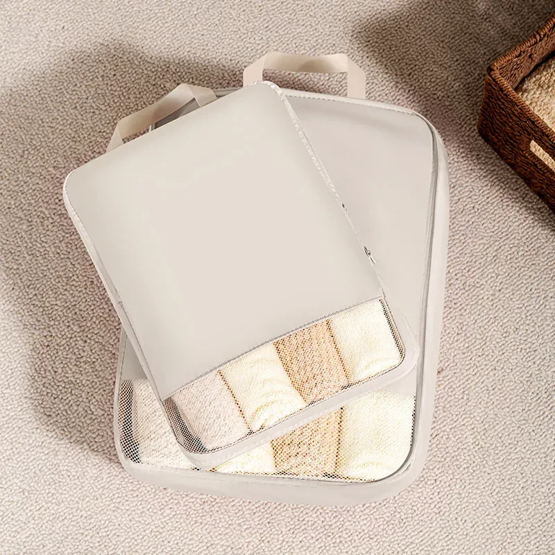 organisateur voyage polyester beige bandes verticales poignées latérales compresseur sac chaussures pochette rangement housse vêtements kaki rose