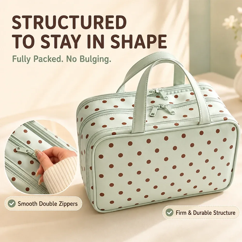 sac de maquillage à pois mignon, trousse de toilette de voyage grande capacité, sac cosmétique multi-poches à 3 niveaux pour les soins de la peau et les pinceaux cosmétiques