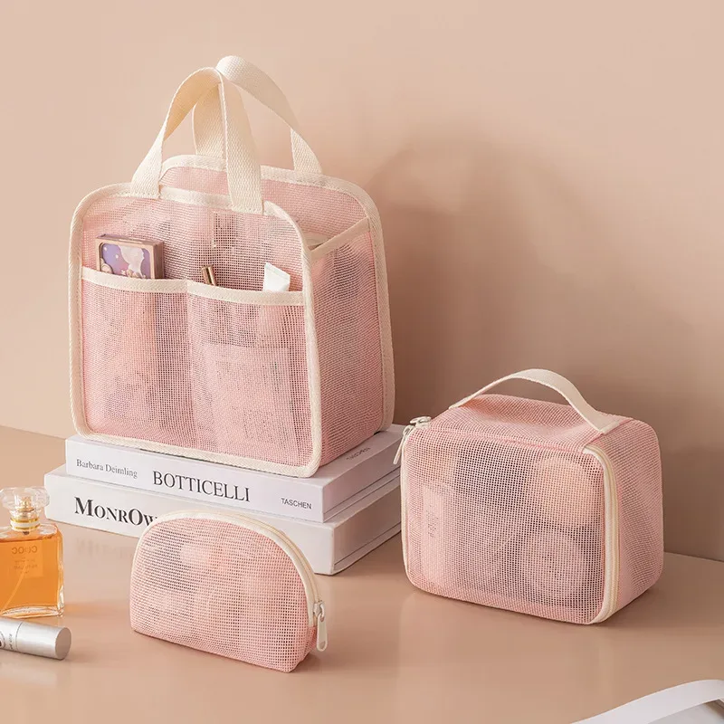 ensemble de trousses de maquillage en maille respirante 3 pièces, organiseur de toilette portable de voyage, rangement cosmétique étanche pour femmes et filles