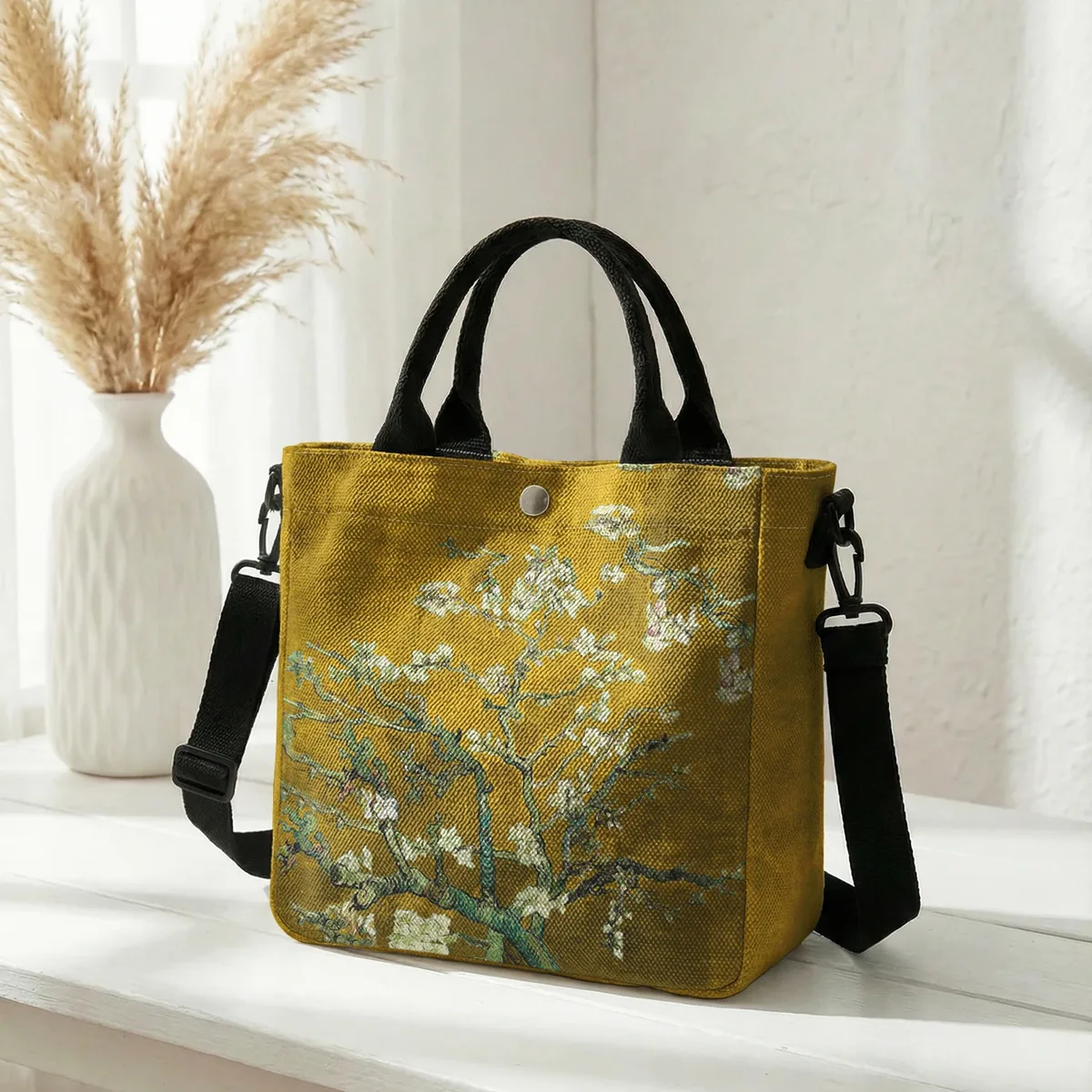 sac fourre-tout en toile avec peinture à l'huile van gogh almond blossom, bandoulière amovible, sac à main pour femme, pour les courses quotidiennes