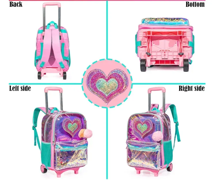 sac à dos d'école 3 en 1, sac à dos à roulettes, sac à roulettes avec sac à déjeuner, sac à stylos pour filles, sac à dos roulant pour filles