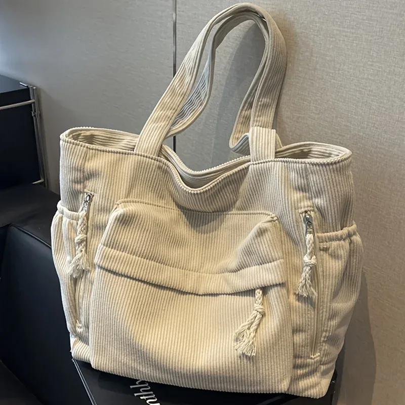 sac fourre-tout en velours côtelé grande capacité pour femme, sac à main multi-compartiments robuste, sac à bandoulière avec sangle fixe et fermeture éclair