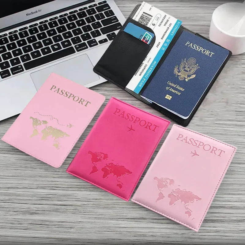 Couverture de passeport en cuir PU pour hommes et femmes, étui de passeport de voyage avec carte du monde, organisateur-porte-carte de protection, couvertures de documents d'identité