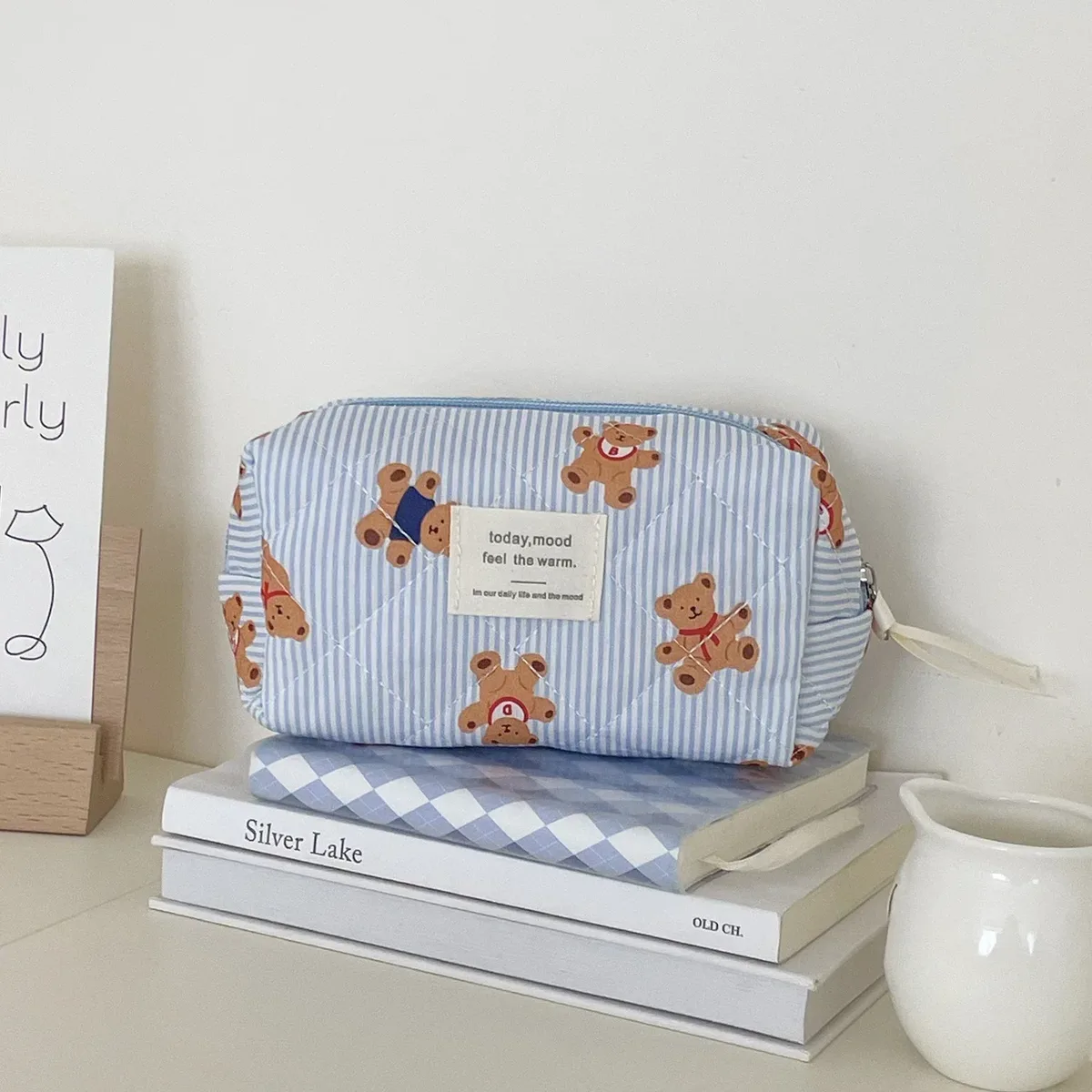 sac à cosmétiques en coton à fleurs noires pour femmes, 1 pièce, sacs de rangement en tissu, petite pochette de voyage de grande capacité, étui de maquillage pour femmes