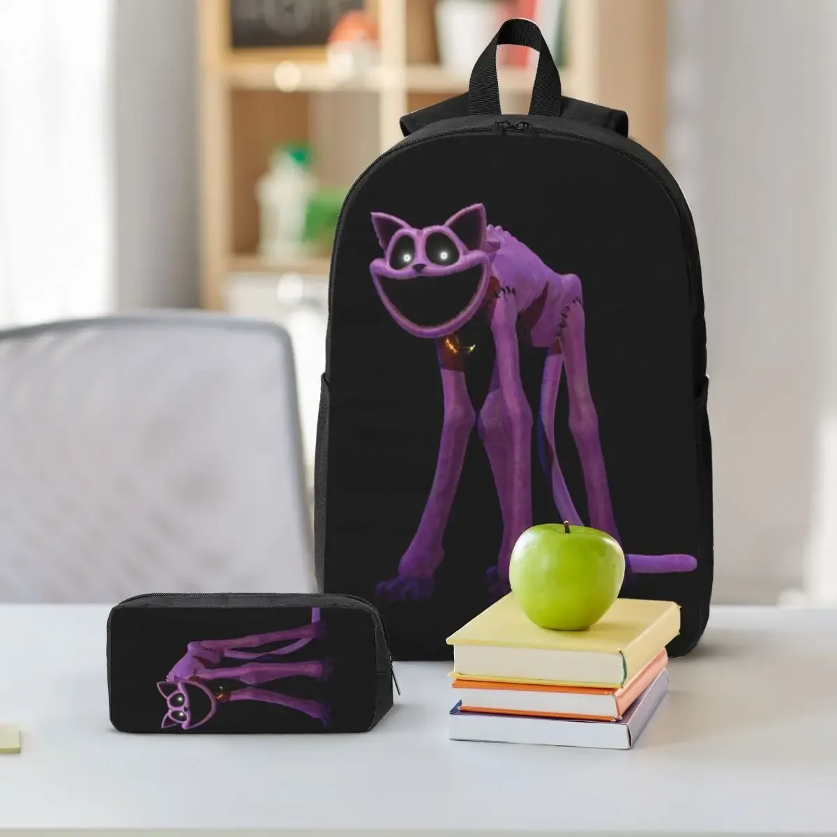sac dos polyester noir chat violet sourire forme rectangulaire poignées latérales usage étudiant voyage
