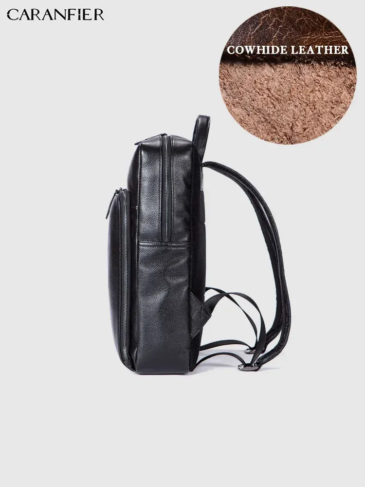 sac dos cuir vache noir forme rectangulaire bords arrondis poignées retractables bandoulière arquée fermeture éclair polyester intérieur informatique usage voyage business casual vintage classic