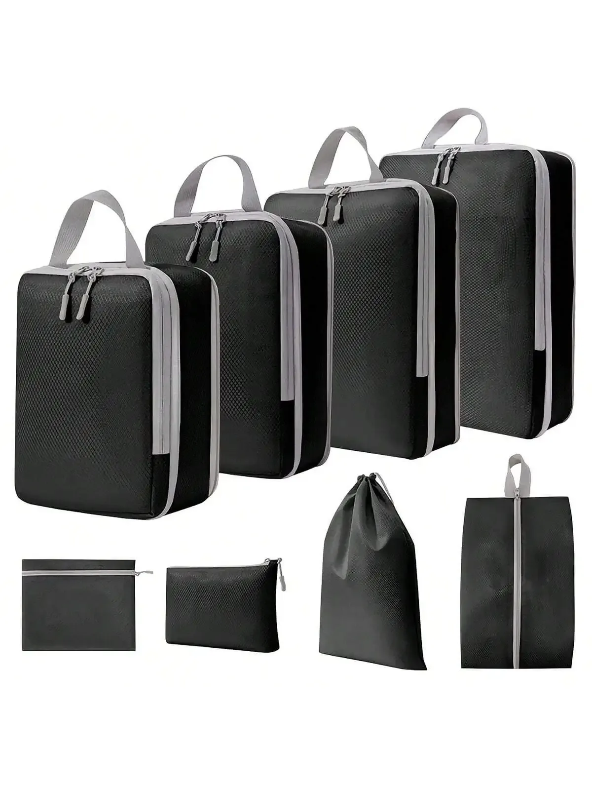 organisateur voyage polyester gris clair poignée noire fermeture glissière compressible sac chaussures rangement cube traçabilité usage polyvalent