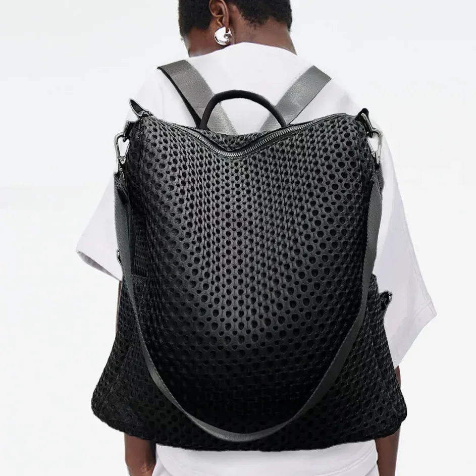 sac à dos cousu rétro à la mode, sac à bandoulière en maille décontracté de grande capacité adapté aux déplacements quotidiens