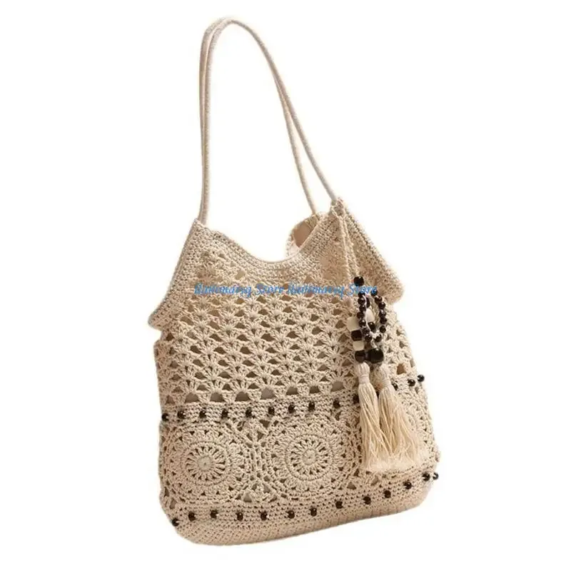 sac voyage polyester coton tricoté beige motifs floraux perles noires bandoulière femme plage activités plein air polyvalent