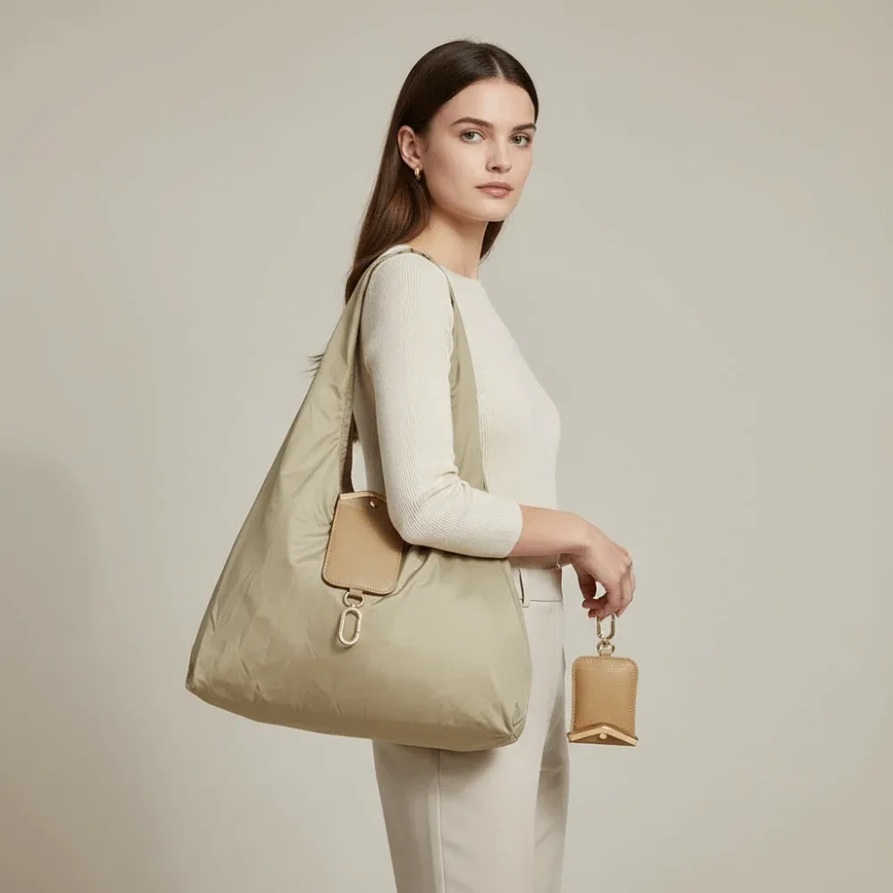 sac fourre-tout mini pliable anti-déchirure en similicuir couleur unie avec porte-clés, pochette 2-en-1 et breloque de sac, gain de place