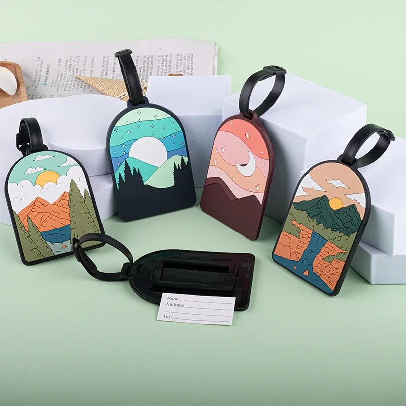 étiquette de bagage de style paysage, étiquettes de bagage mignonnes, porte-adresse d'identification, étiquettes d'embarquement de bagages, couverture de carte portable, accessoires de voyage en pvc