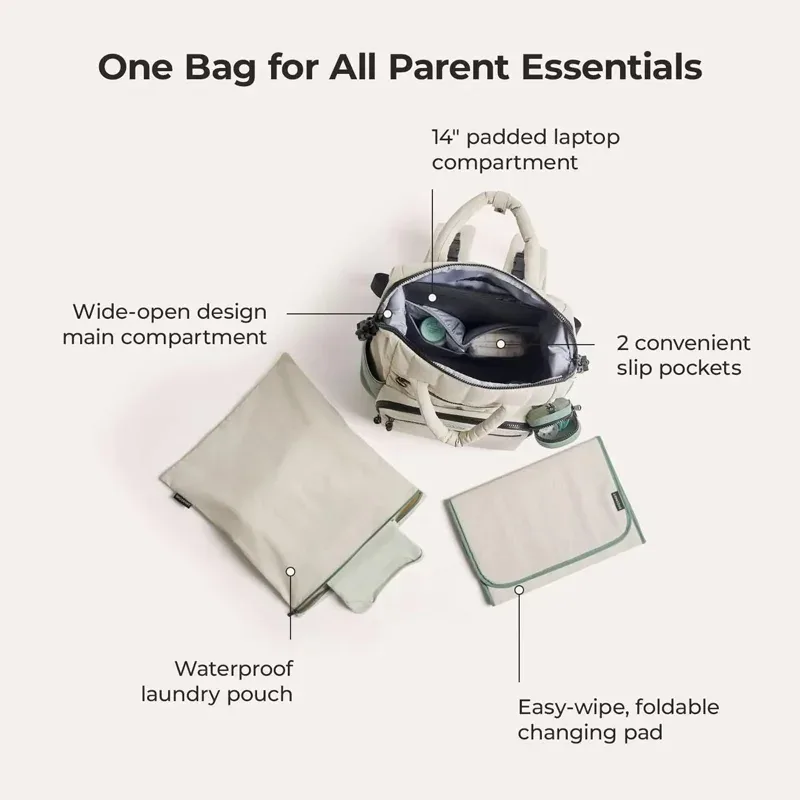 sac dos polyester beige accents verts poches multiples grande capacité maternité sorties mains libres bébé ordinateur portable