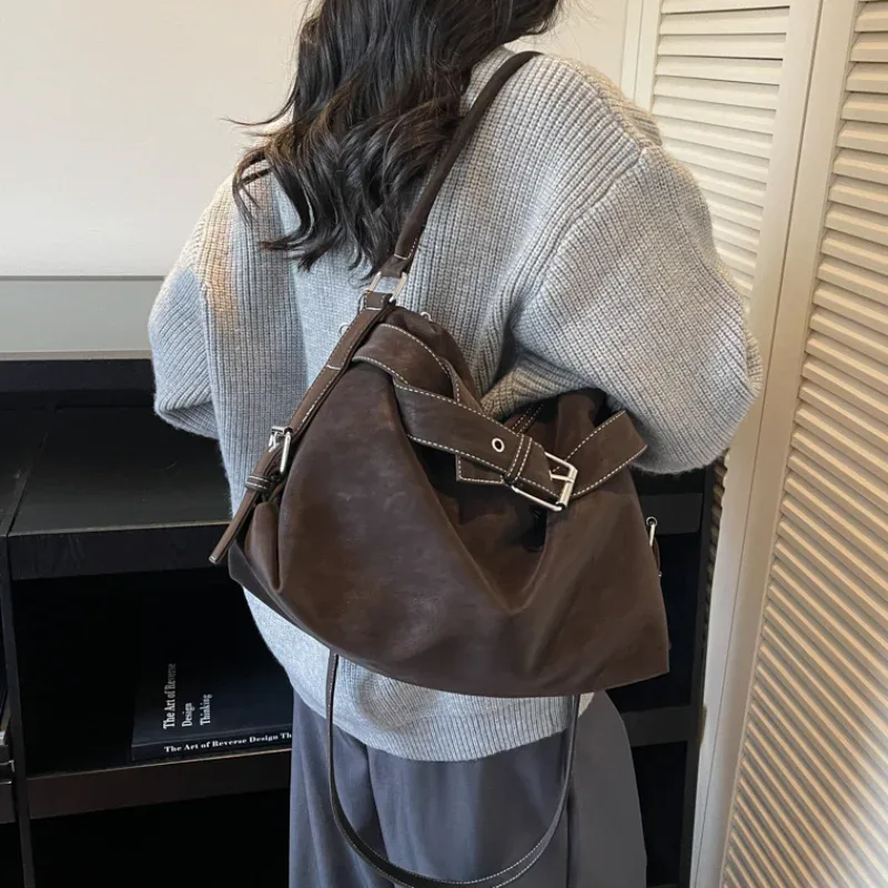 sac fourre-tout en cuir souple de grande capacité, sac à main avec boucle de ceinture, nouveau sac messager à bandoulière rétro pour fille, sac de moto