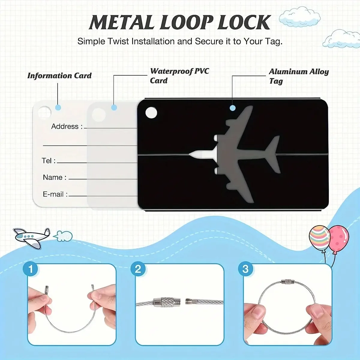 étiquette de bagage en aluminium étanche, motif avion minimaliste avec anneau en acier inoxydable, porte-passe d'embarquement, porte-carte d'identité de voyage