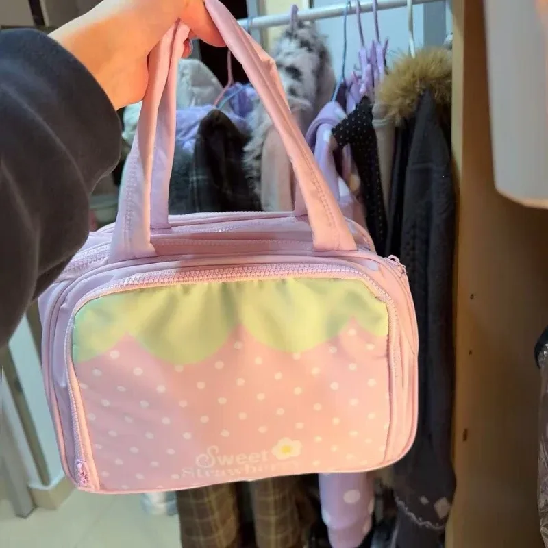 grande trousse de maquillage compartimentée, motif fraises et notes musicales, sac à main portable multi-couches pour voyage et toilette