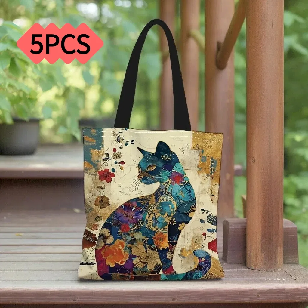 1/5/10 pièces sac fourre-tout à motif floral de chat, sac à bandoulière esthétique en toile pour l'école, sac de courses léger