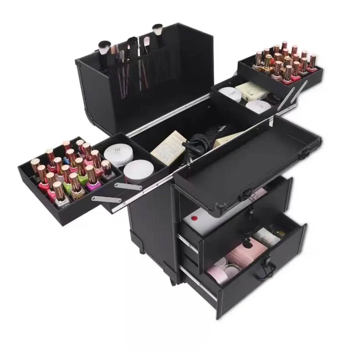 valise de rangement portable multi-couches pour artistes, outils de beauté, ongles et tatouages, organisateur de maquillage à roulettes, grande capacité, valise de maquillage professionnelle.