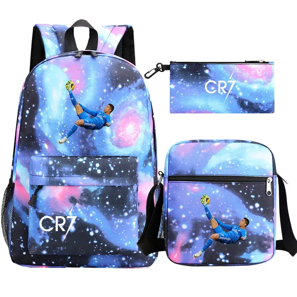football star cr7 3 pièces garçon fille retour à l'école livre sacs, étudiant sac à bandoulière porte-crayon sac à dos, adolescents mochila hommes femmes