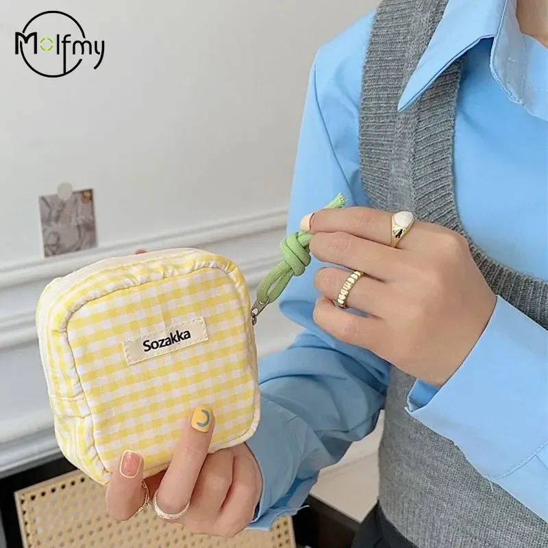 mini sac à cosmétiques à carreaux pour maquillage, couleur bonbon, sacs de rangement pour serviettes hygiéniques, portefeuille en tissu de coton, pochette, nouveau 2025