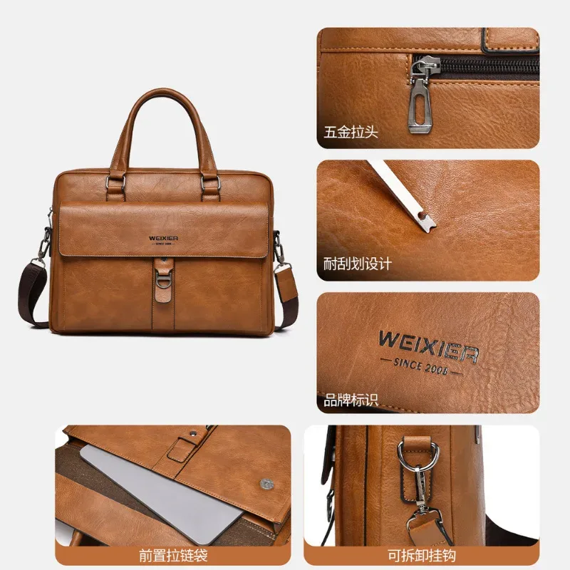 weixier sac à main en cuir vintage pour homme, imperméable, pour ordinateur portable 15,6 pouces, sac à bandoulière pour voyage d'affaires et travail