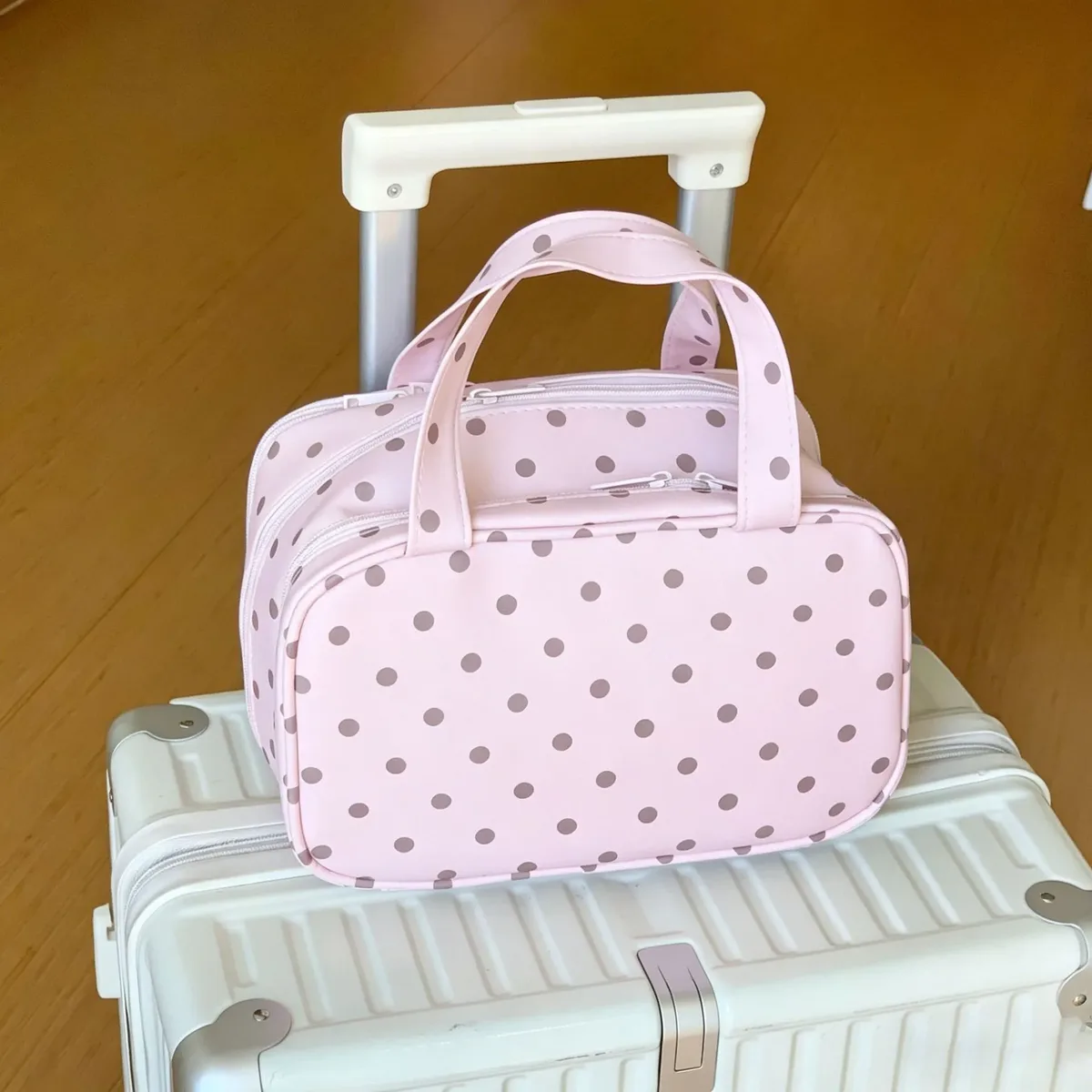 grande trousse à cosmétiques à pois, avec poignée portable, organisateur de maquillage multi-compartiments pour femmes, pour une utilisation quotidienne en voyage