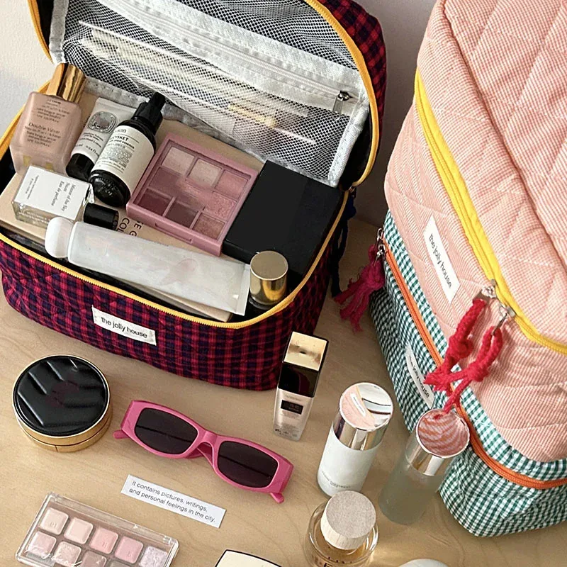sac de maquillage à carreaux bloquant les couleurs pour femmes, sac de rangement pour pinceaux de maquillage de grande capacité, trousse de toilette pour soins de la peau
