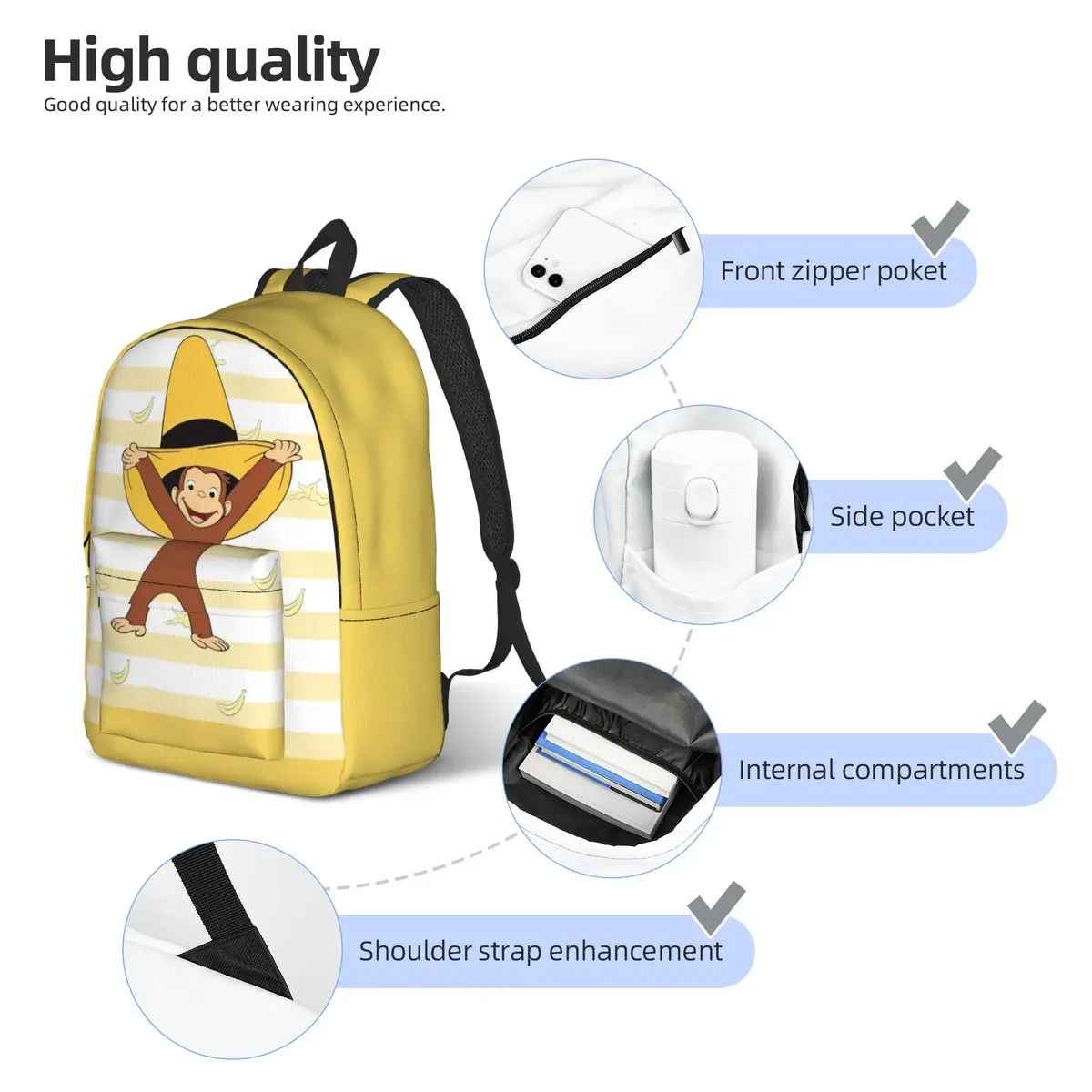 sac à dos curious george monkey banana pour hommes, femmes, adolescents, étudiants, sac à dos de travail, sac à bandoulière pour ordinateur portable, sac à bandoulière durable