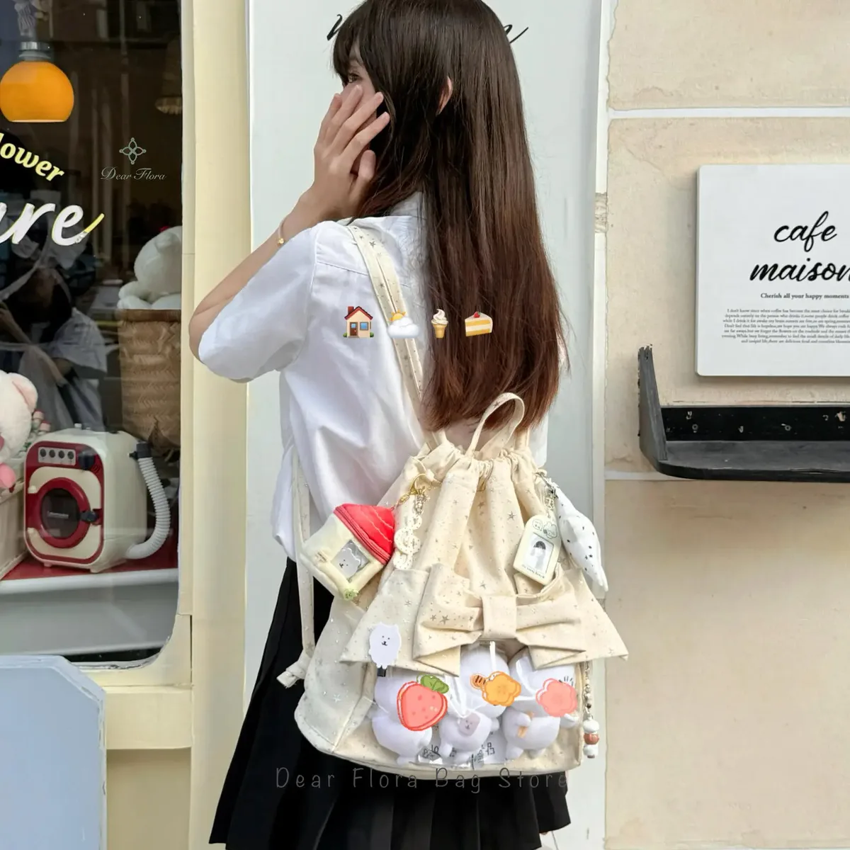 nouveau sac à dos ita y2k avec nœud de ballet et cordon de serrage, sac à dos transparent pour fille mignon, grande capacité, sac à bandoulière à pois étoilés pour présentation de poupées diy