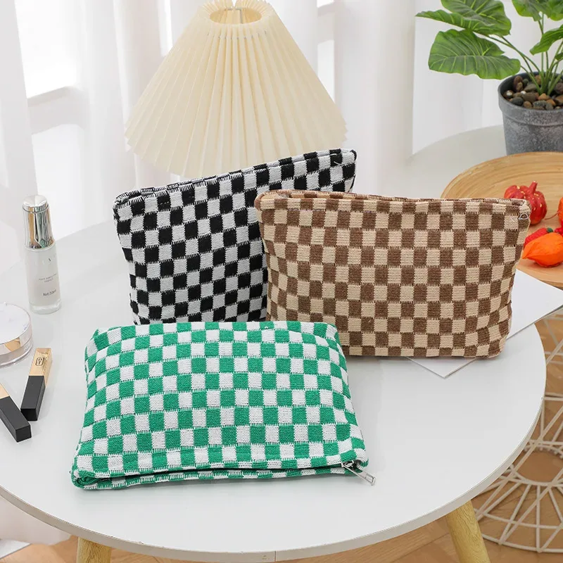 trousse de maquillage à carreaux, trousse de toilette de voyage, organisateur de pinceaux de maquillage mignons, sac de rangement d'accessoires esthétiques pour femmes