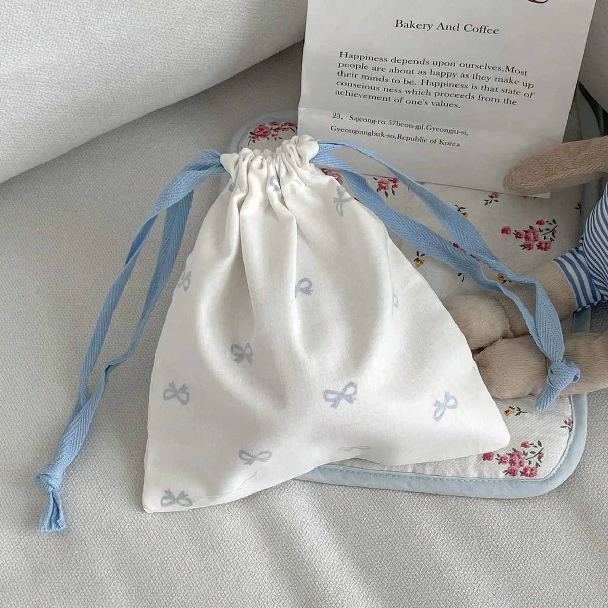 sac de rangement en toile avec nœud imprimé pour femme, sacs à main mignons pour filles d'université, sacs à cordon de proximité, étui de maquillage de voyage portable simple pour femme