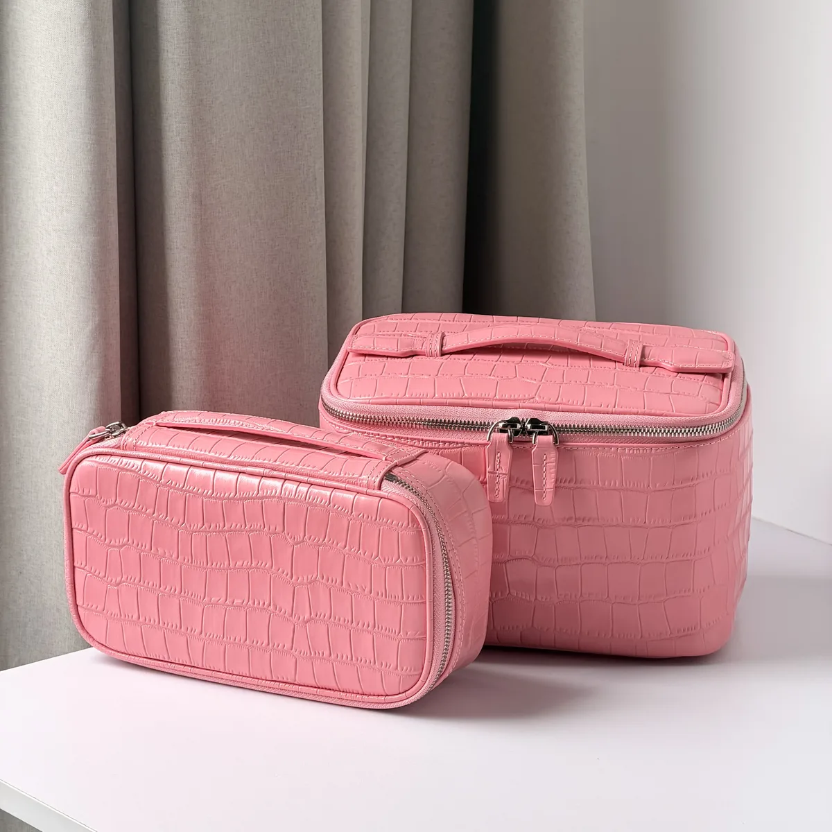 sac à cosmétiques en cuir de vachette rose à motif crocodile, sac de toilette de luxe de grande capacité, en cuir véritable, pour voyage, rangement portable, trousse de toilette