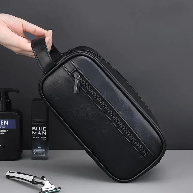 sac de lavage en cuir pour hommes, sac de voyage, voyages d'affaires, sac à cosmétiques portable, grande capacité, conception multi-poches, sac de lavage en cuir