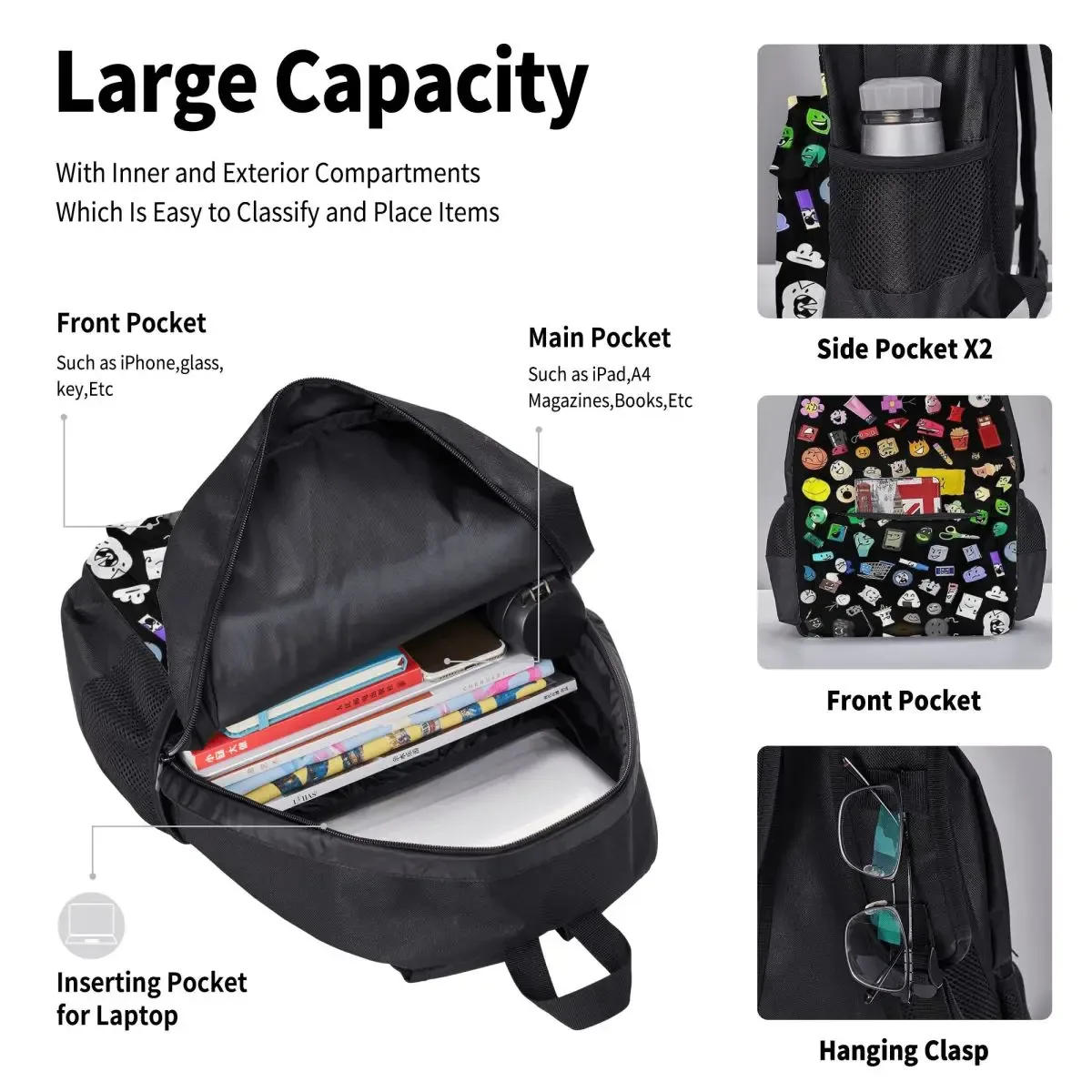 sac dos polyester motif coloré objet visages noirs adolescents ordinateur portable déjeuner usage voyage