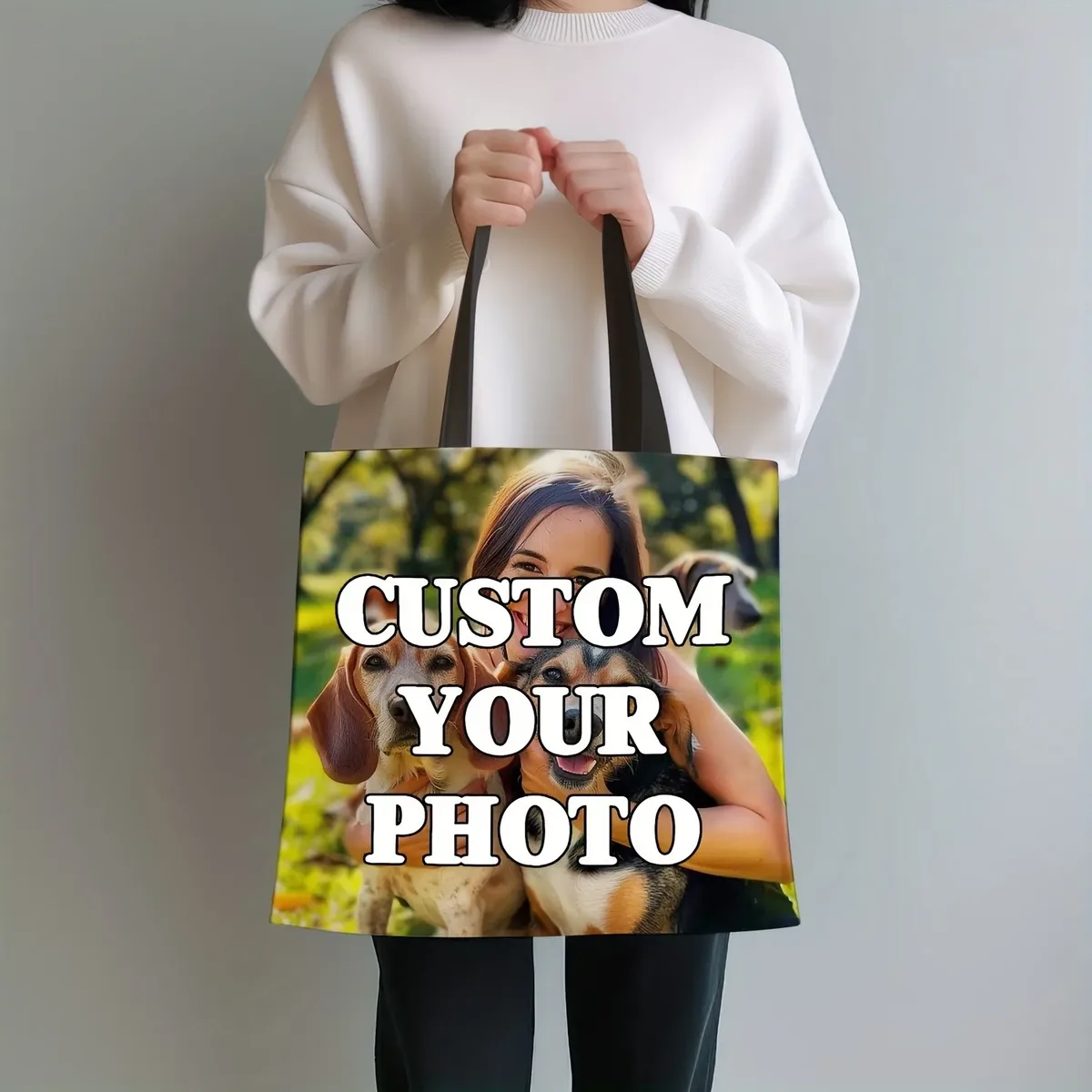 sac fourre-tout photo personnalisé, sac à bandoulière d'épicerie réutilisable personnalisé avec pochette de rangement en polyester pliable