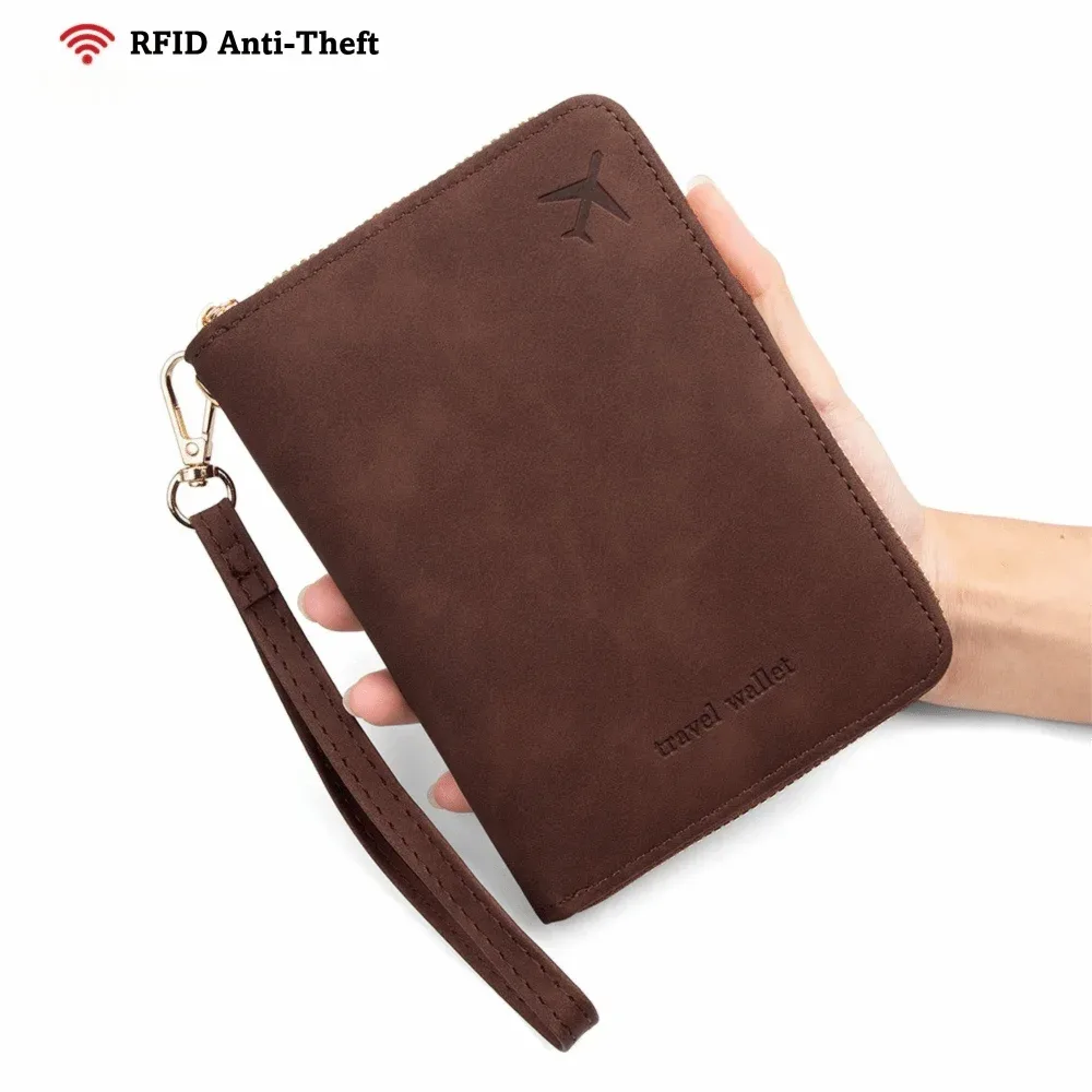 porte-passeport multifonctionnel en pu anti-rfid, couleur unie, avec fermeture éclair, porte-monnaie unisexe